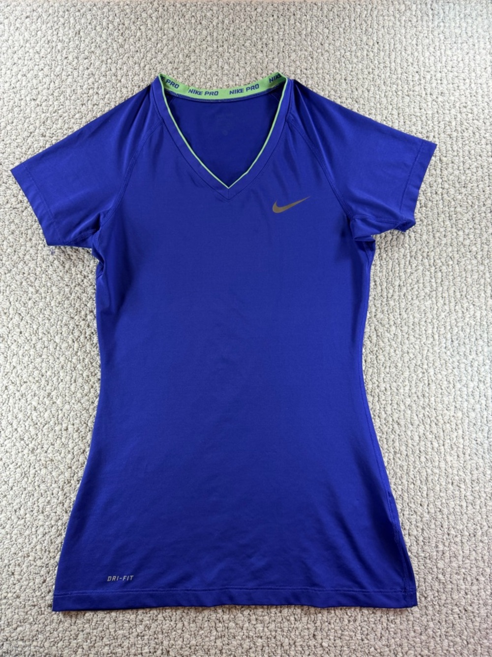 Nike Pro DRI FIT Short Sleeve V-Neck T shirt-Royal Blue/lime trim. Women size S